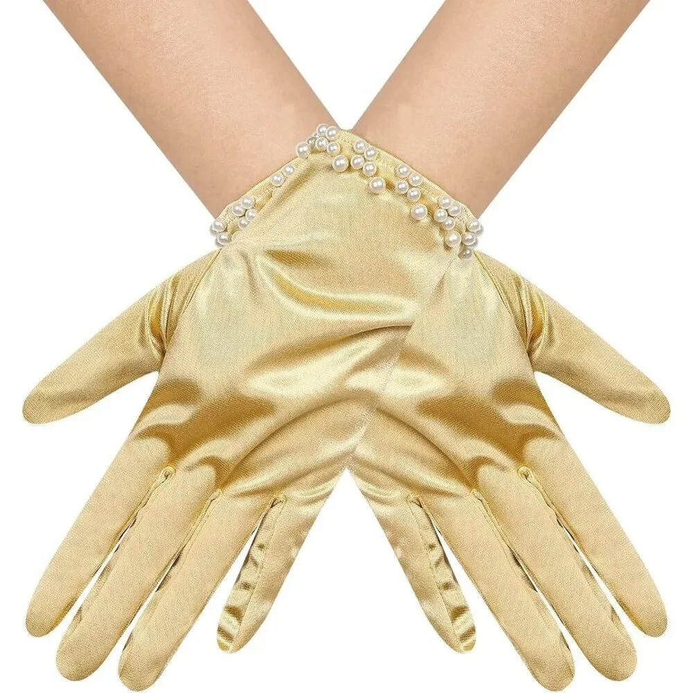 Women's Gold Satin Pearl Short Length Wrist Gloves Wedding Banquet Party Prom